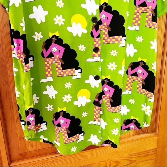 Nooworks Joyce Button Up Top Checkered Ladies Sz L Green Retro Short Sleeve - Picture 3 of 8